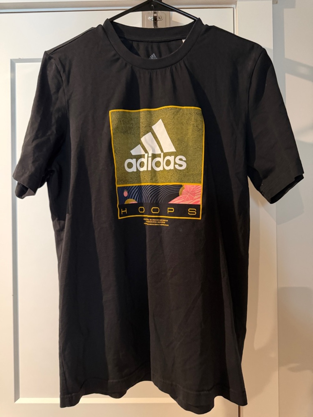 adidas Black Graphic 'Hoops' Tee with Yellow, Pink & Navy Accents